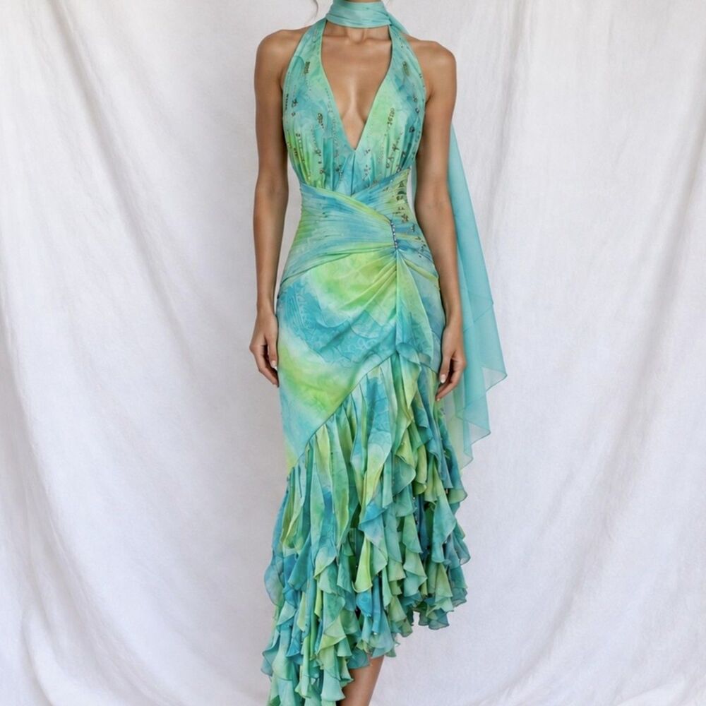 Vintage Y2K Blue Green Halter Neck Ruffle Beaded Midi Dress Size S/M